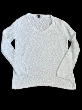 Talbots White Bubble Knit 100% Cotton Popcorn Textured V-neck Sweater
